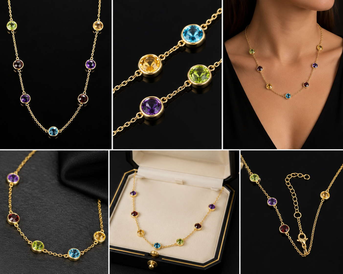 14K Yellow Gold Colorful Gemstone Station Necklace