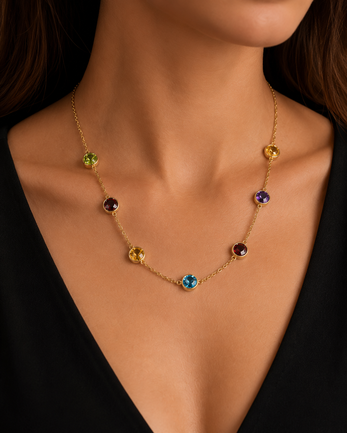14K Yellow Gold Colorful Gemstone Station Necklace