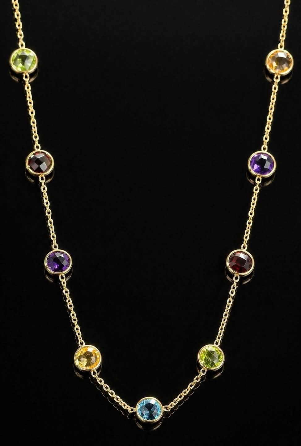 14K Yellow Gold Colorful Gemstone Station Necklace