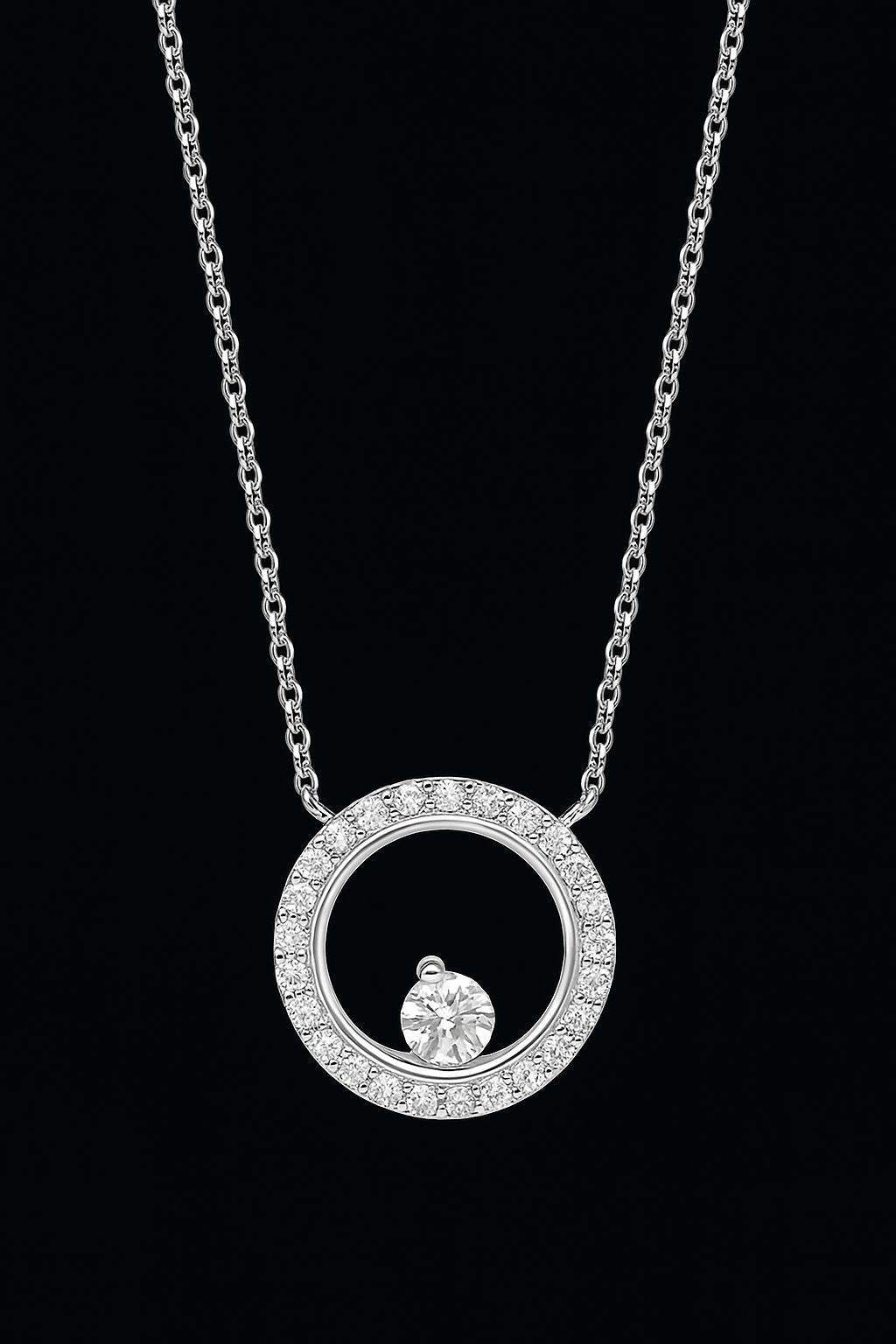 14K White Gold Natural Diamond Halo Circle Pendant Necklace
