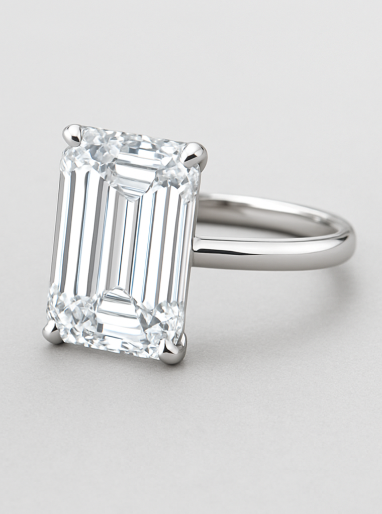 5.00 Carat Lab Grown Emerald Cut Solitaire Diamond Ring – G–H Color, VS Clarity, IGI Certified